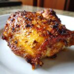 Close-up of a juicy, perfectly cooked chicken thighs with a crispy, caramelized, and seasoned skin.