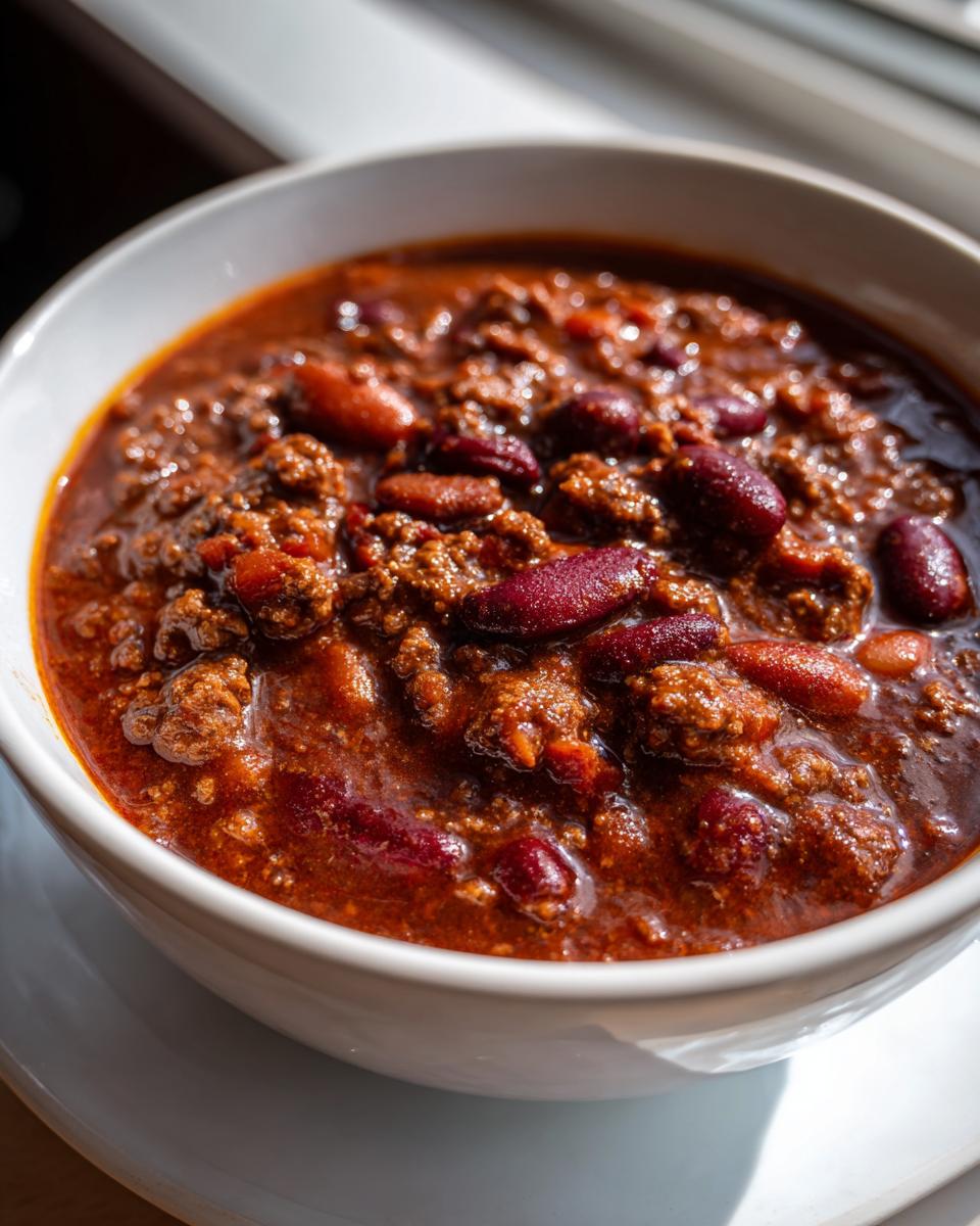 Close-up of a rich, dark red bowl of chili recipe featuring ground meat and kidney beans.