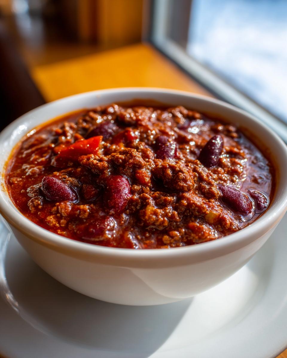 Close-up of a rich, thick bowl of chili recipe featuring ground meat and kidney beans, served in a white bowl.