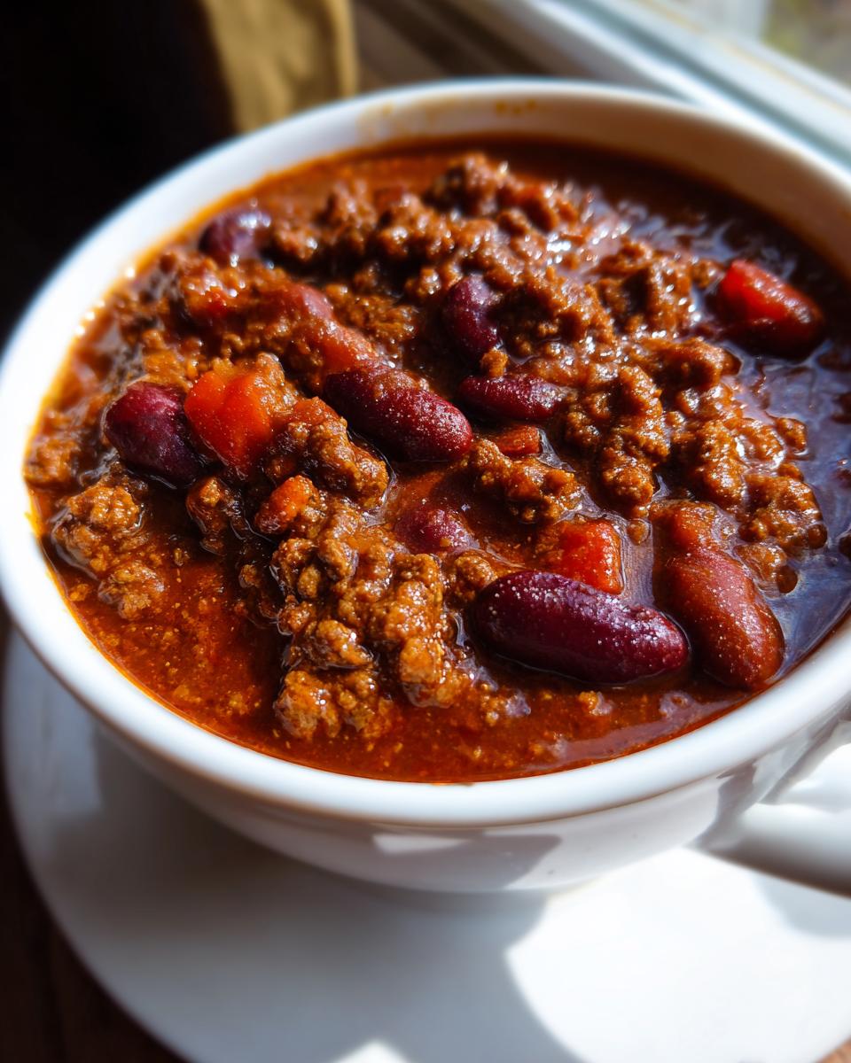 Close-up of a rich, hearty chili recipe served in a white bowl, showing ground meat and kidney beans.