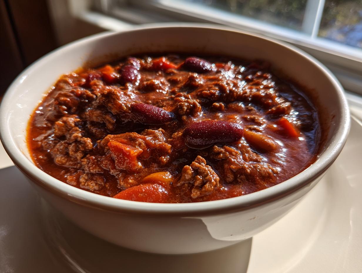 Close-up of a steaming bowl of rich, meaty chili recipe with visible kidney beans and chunks of tomato.