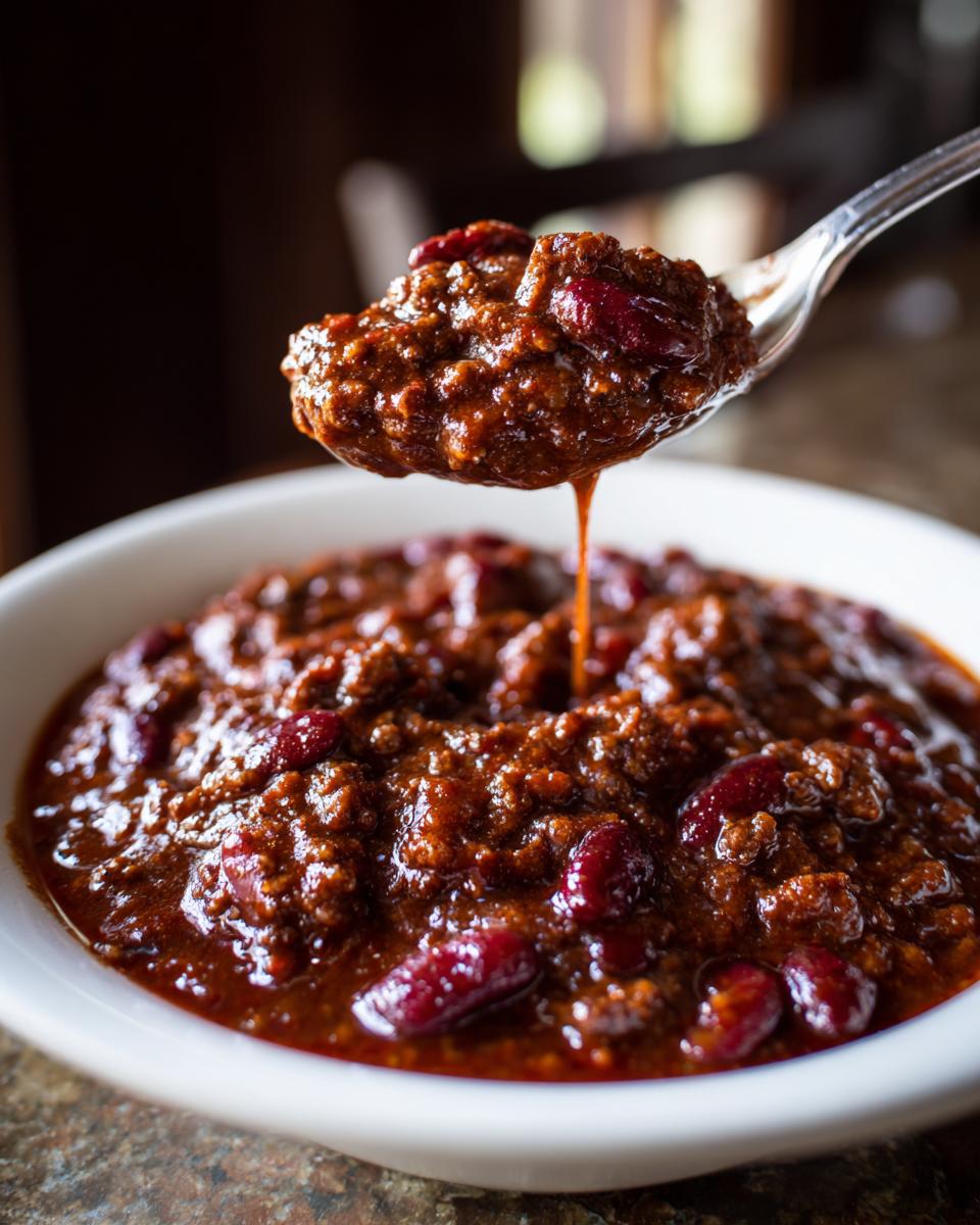 A spoonful of thick, dark red chili recipe with kidney beans being lifted from a white bowl.