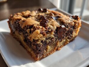 A gooey, golden square of amazing chocolate chip cookie bars topped with melted chocolate chips.