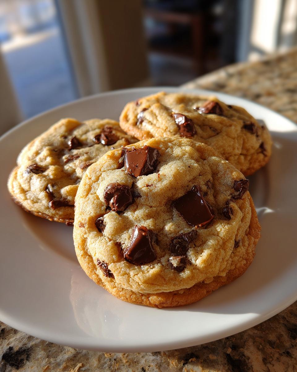 Three freshly baked, thick chocolate chip cookies recipe treats stacked on a white plate in sunlight.