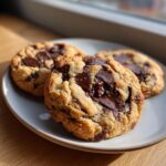 Three freshly baked, thick chocolate chip cookies with melted chocolate puddles on a light gray plate.