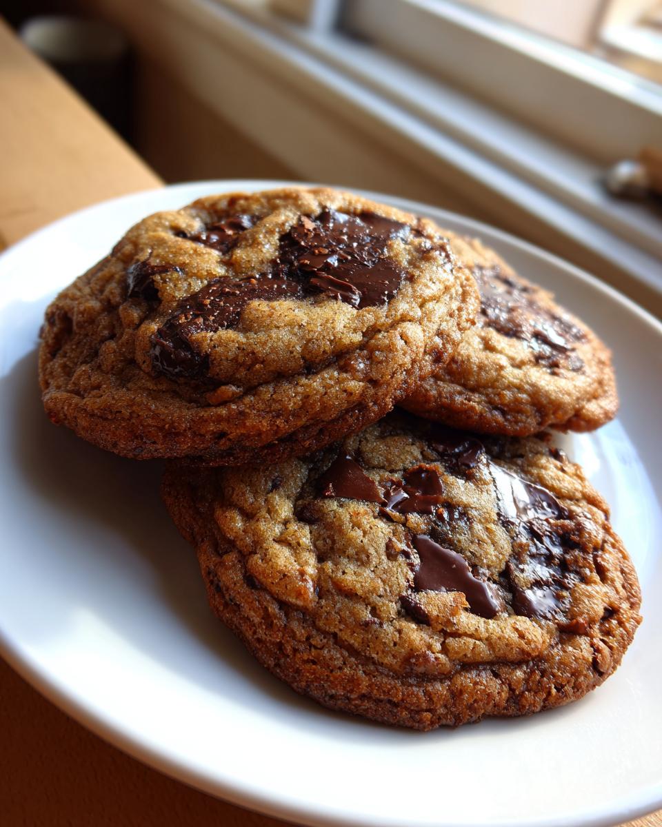 Three golden brown, thick chocolate chip cookies with melted chocolate chunks on a white plate.