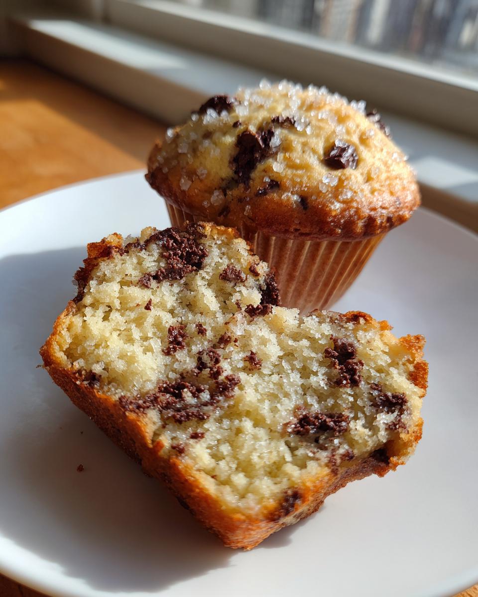 Close-up of a chocolate chip muffin cut in half showing the moist crumb and chocolate chips, with another whole muffin sprinkled with sugar behind it.