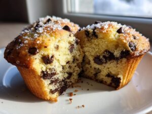 A chocolate chip muffin cut in half showing a moist crumb packed with chocolate chips and topped with coarse sugar.