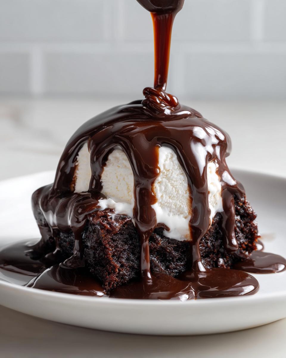 Thick, glossy chocolate sauce being poured over a scoop of vanilla ice cream atop a rich brownie.