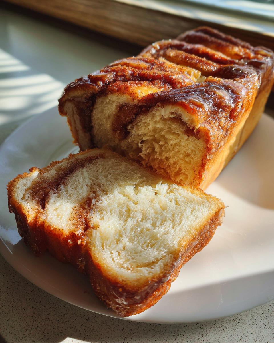 A thick slice cut from a loaf of amazing cinnamon swirl bread, showing the soft interior and rich swirl.