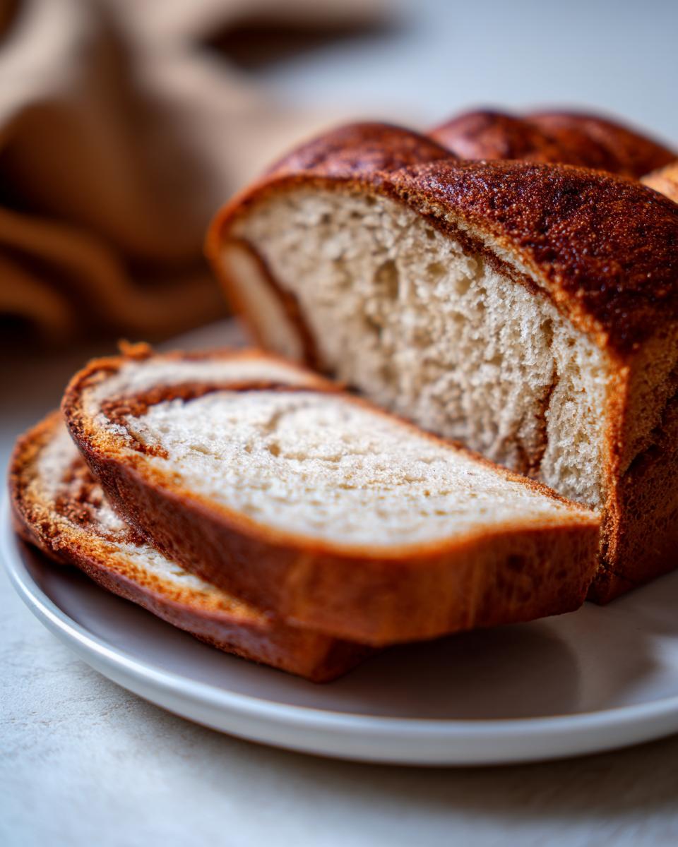 Close-up of thick slices of amazing cinnamon swirl bread showing the soft interior and rich cinnamon layer.