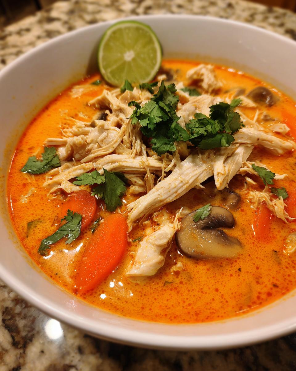 Close-up of a vibrant bowl of chicken coconut curry soup, topped with shredded chicken, cilantro, and a lime wedge.