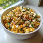 Close-up of a vibrant corn salad topped with crumbled white cheese, cilantro, and chili powder.
