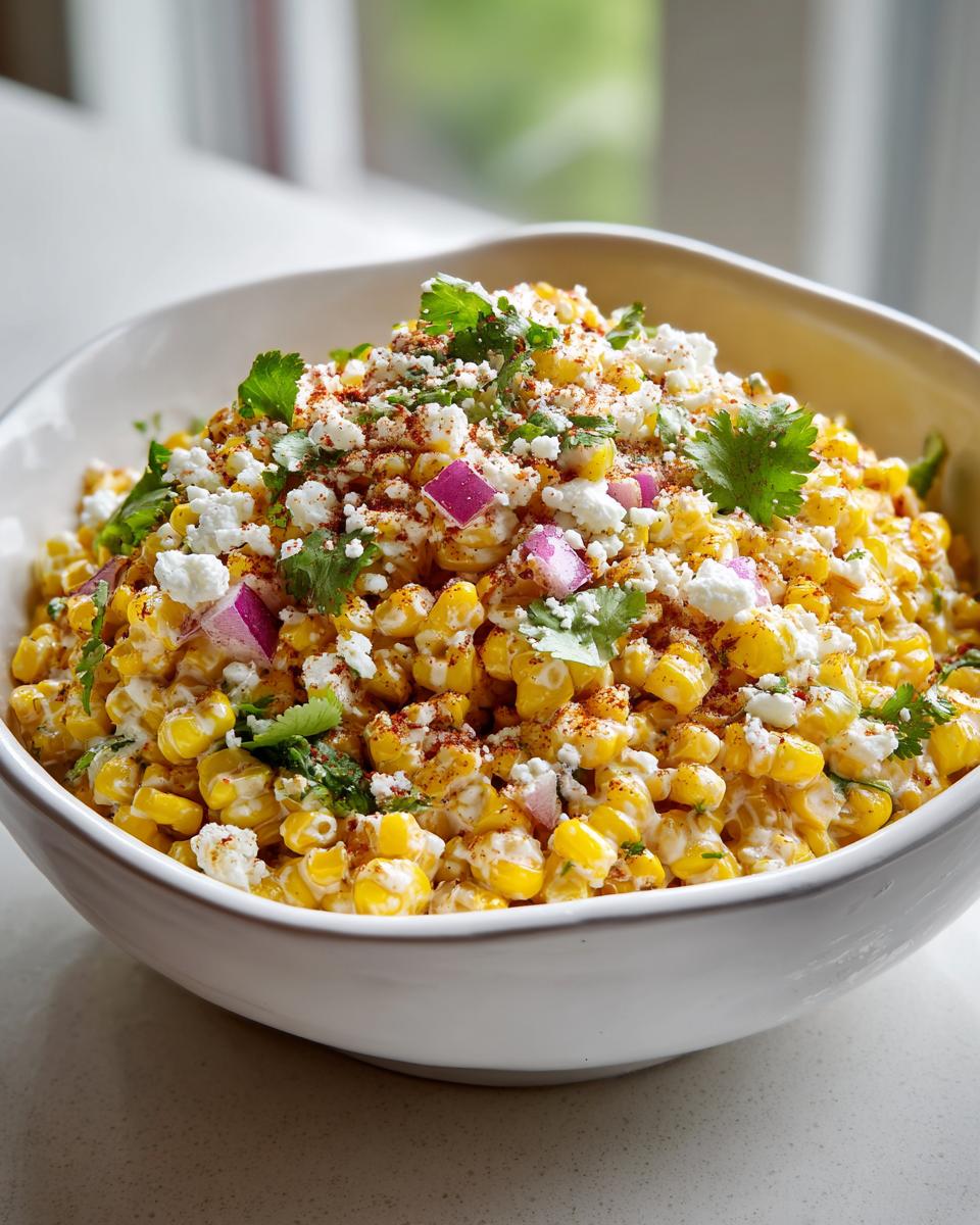 A close-up of a vibrant corn salad mixed with creamy dressing, topped generously with cotija cheese, red onion, and cilantro.