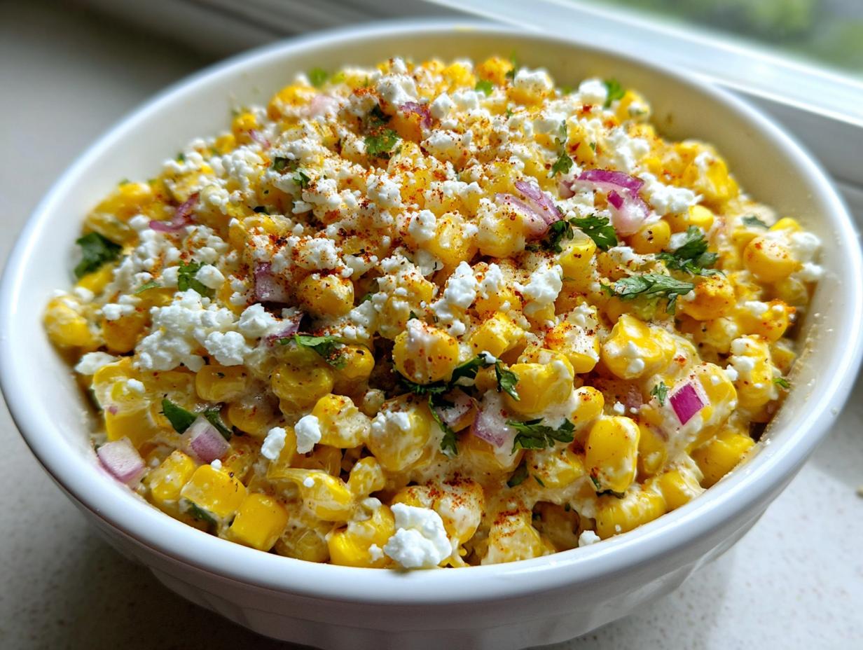 Close-up of a creamy, bright yellow corn salad topped with crumbled white cheese, red onion, and paprika.