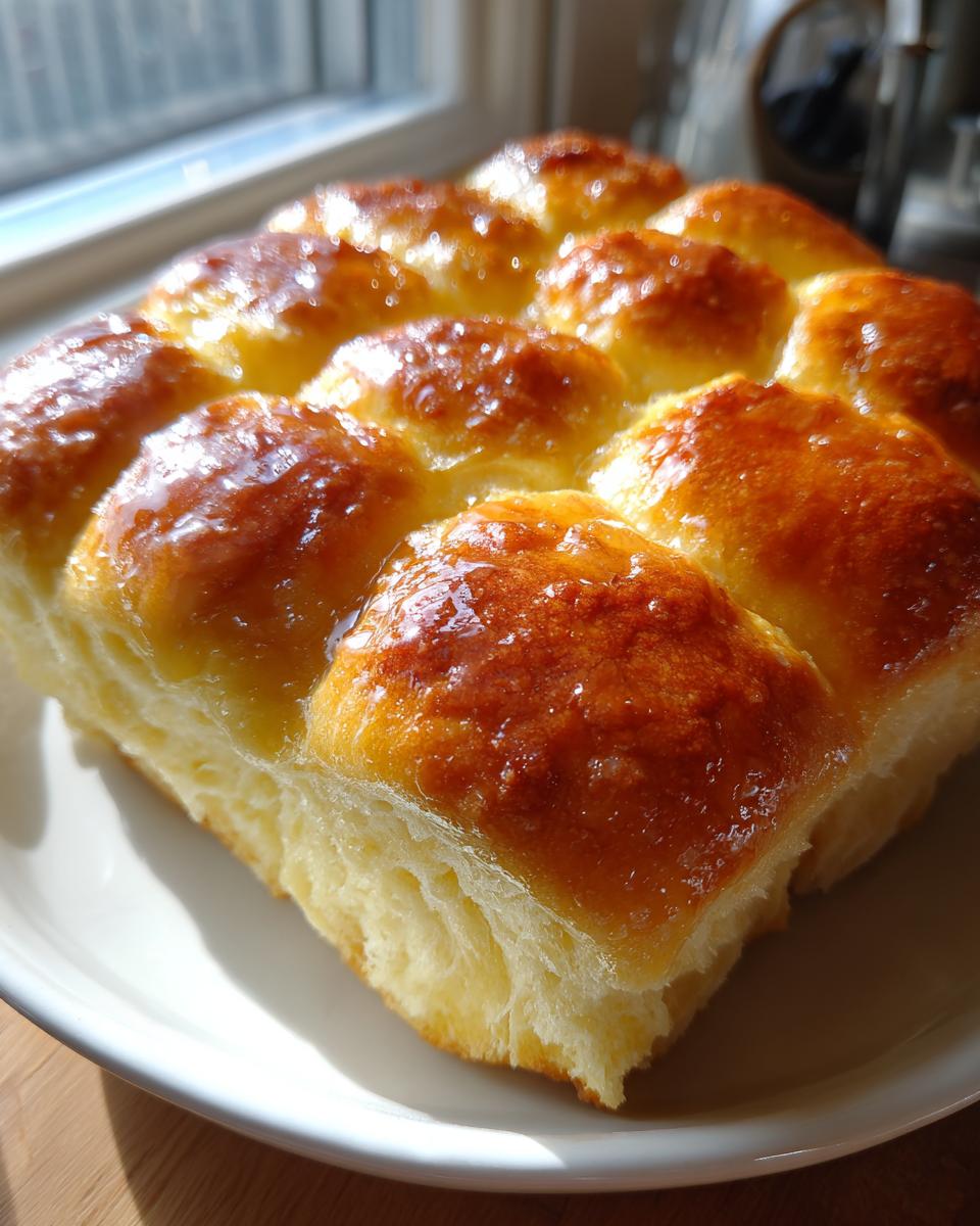 Close-up of freshly baked, golden-brown dinner rolls with a shiny glaze resting on a white plate.