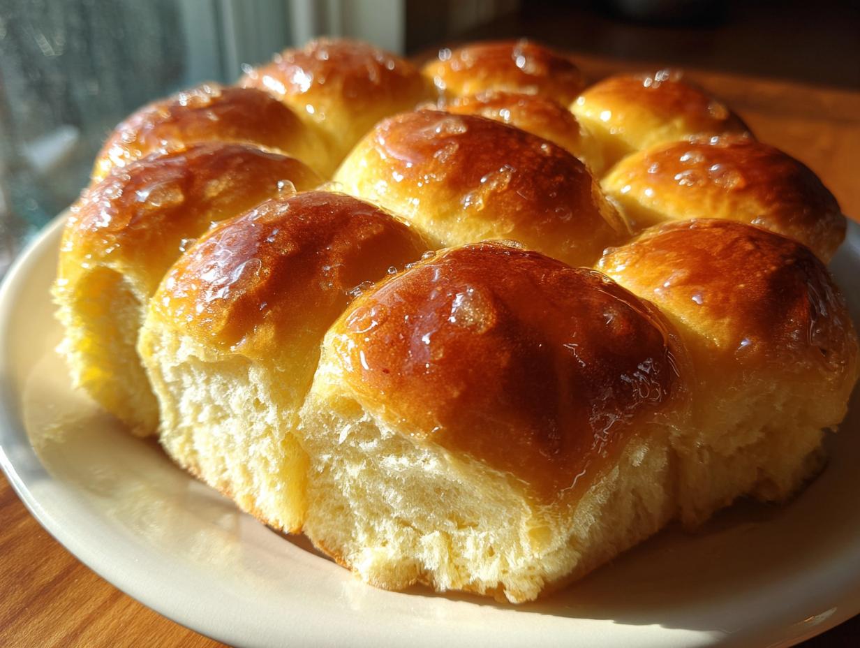 A cluster of golden brown, pull-apart dinner rolls glistening with a sweet glaze, ready to serve.