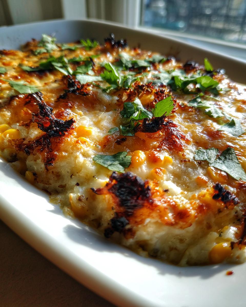 Close-up of a freshly baked elote dip in a white dish, featuring bubbly, browned cheese and fresh cilantro garnish.