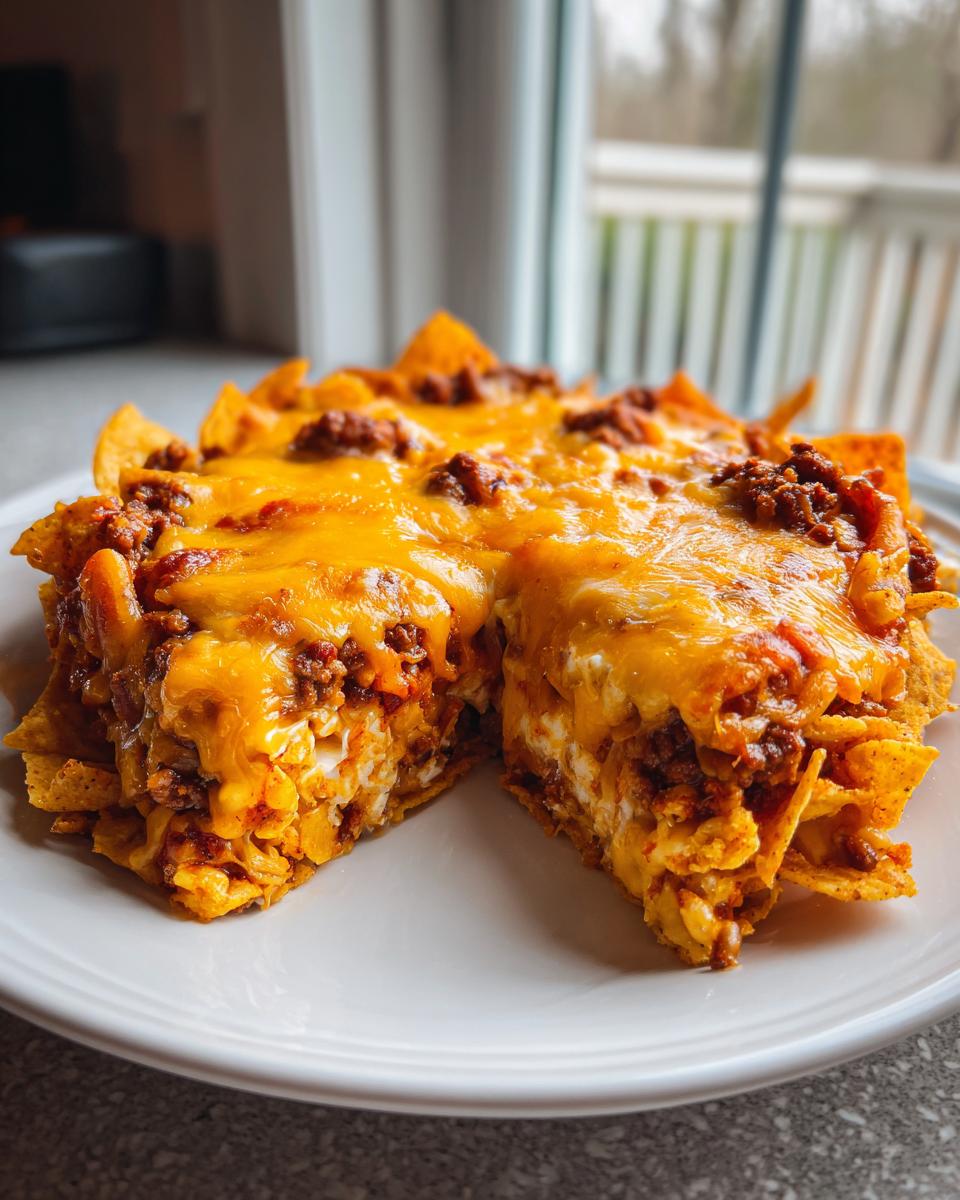 A cross-section view of a baked Frito pie casserole, loaded with chili and melted cheddar cheese, served on a white plate.