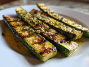 Four slices of perfectly grilled zucchini drizzled with a buttery garlic and herb sauce.