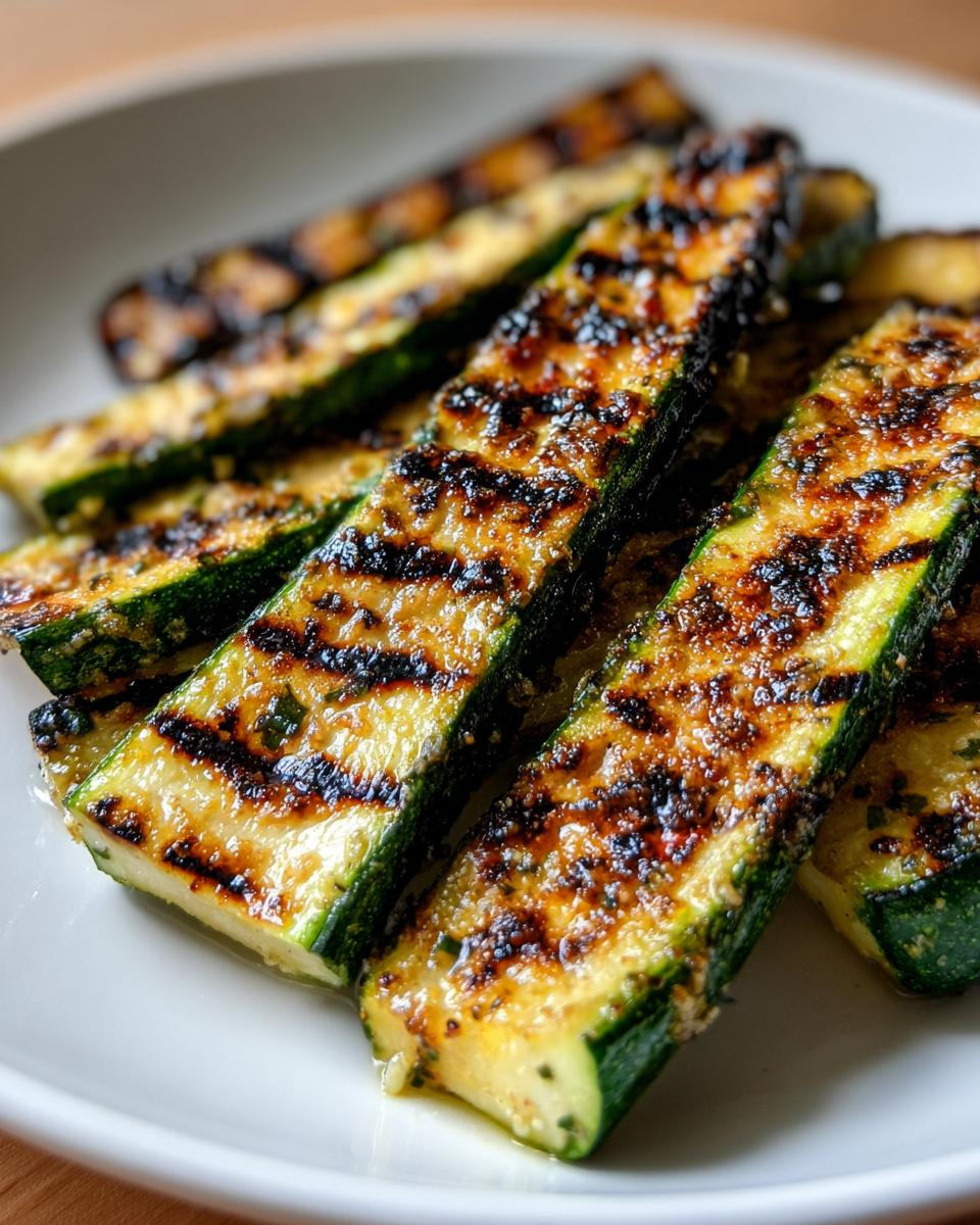 Close-up of savory, seasoned grilled zucchini slices with distinct char marks served on a white plate.