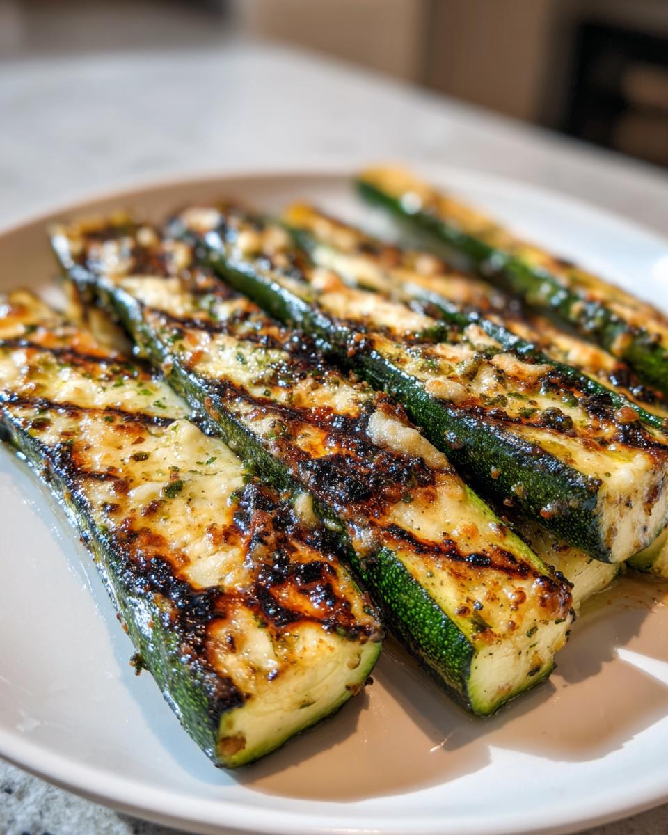 Close-up of perfectly grilled zucchini halves topped with melted cheese and herbs.