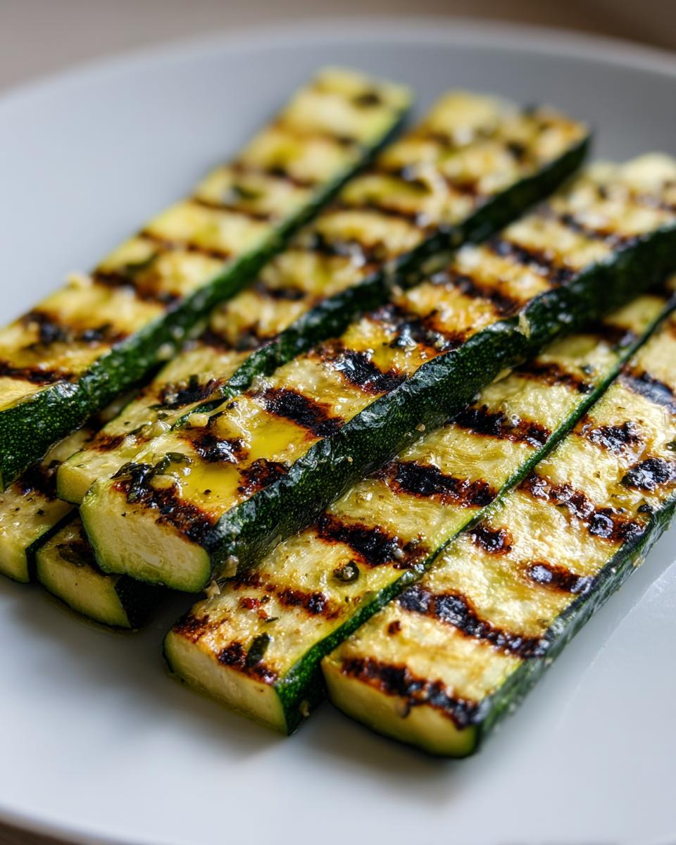 Close-up of seasoned and perfectly grilled zucchini slices showing distinct char marks on a white plate.