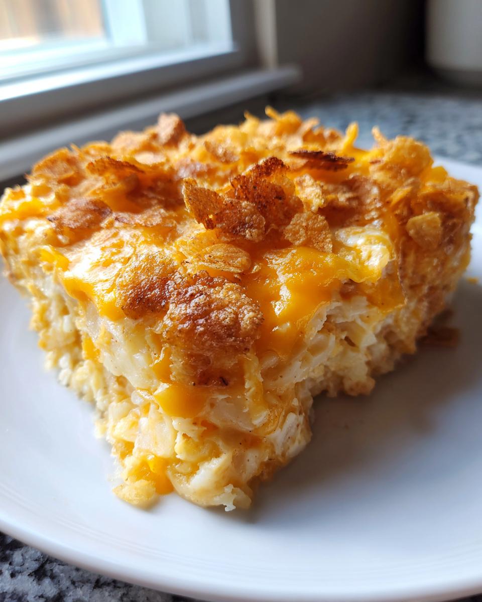 A close-up serving of creamy hashbrown casserole topped with melted cheddar cheese and crispy cornflakes.