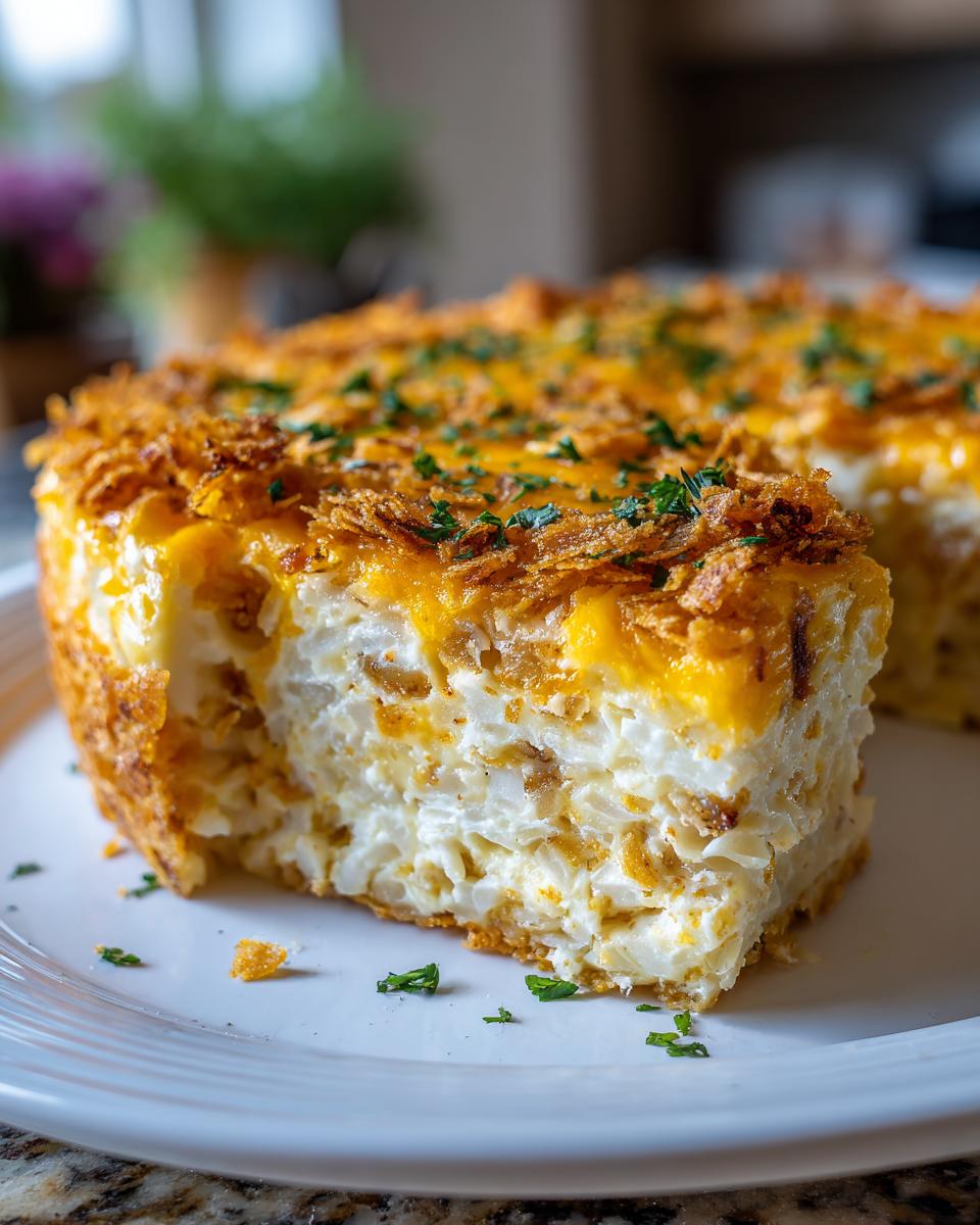 A thick slice of creamy hashbrown casserole topped with melted cheddar and crispy fried onions, garnished with parsley.
