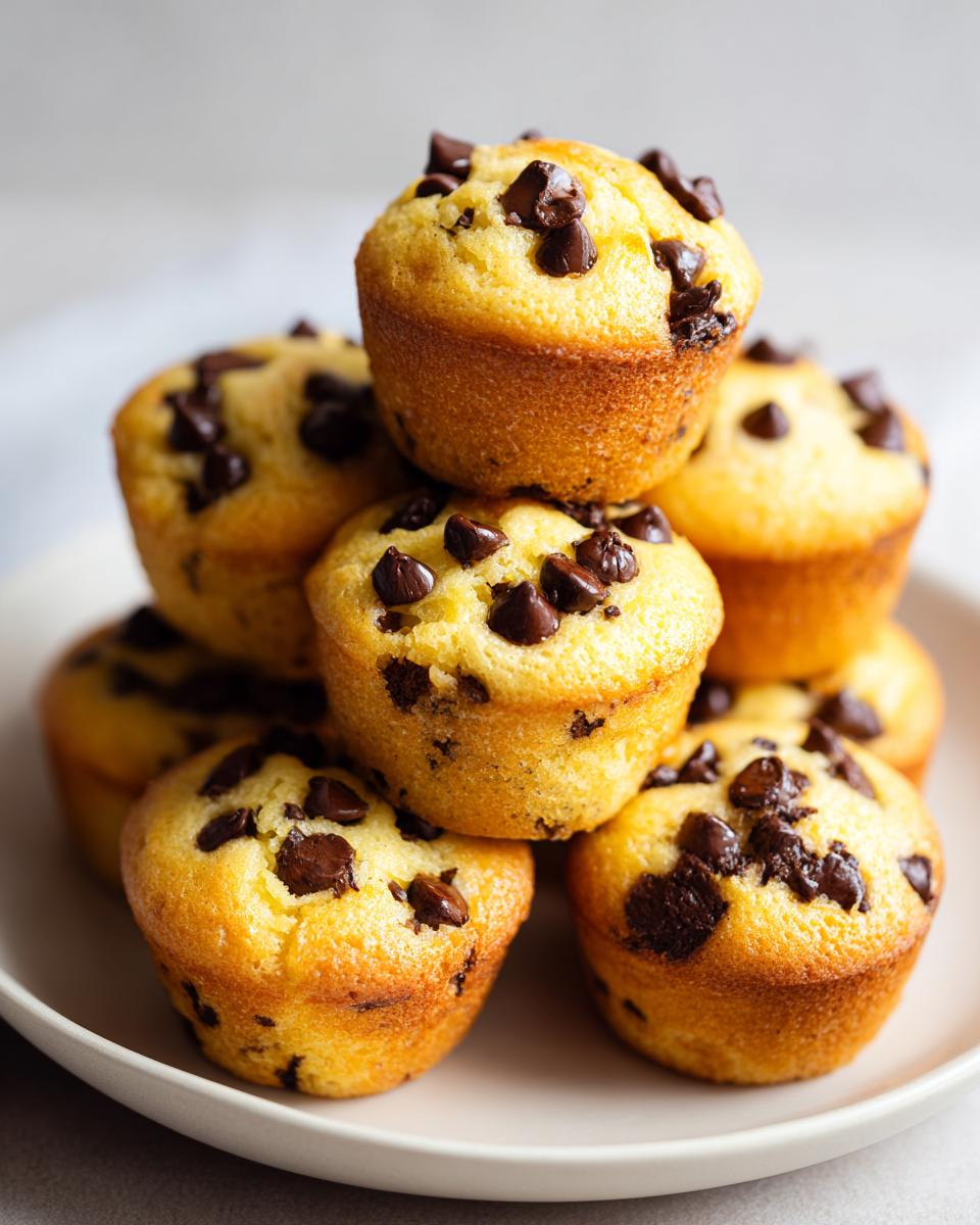A stack of golden-brown mini chocolate chip muffins piled high on a white plate.