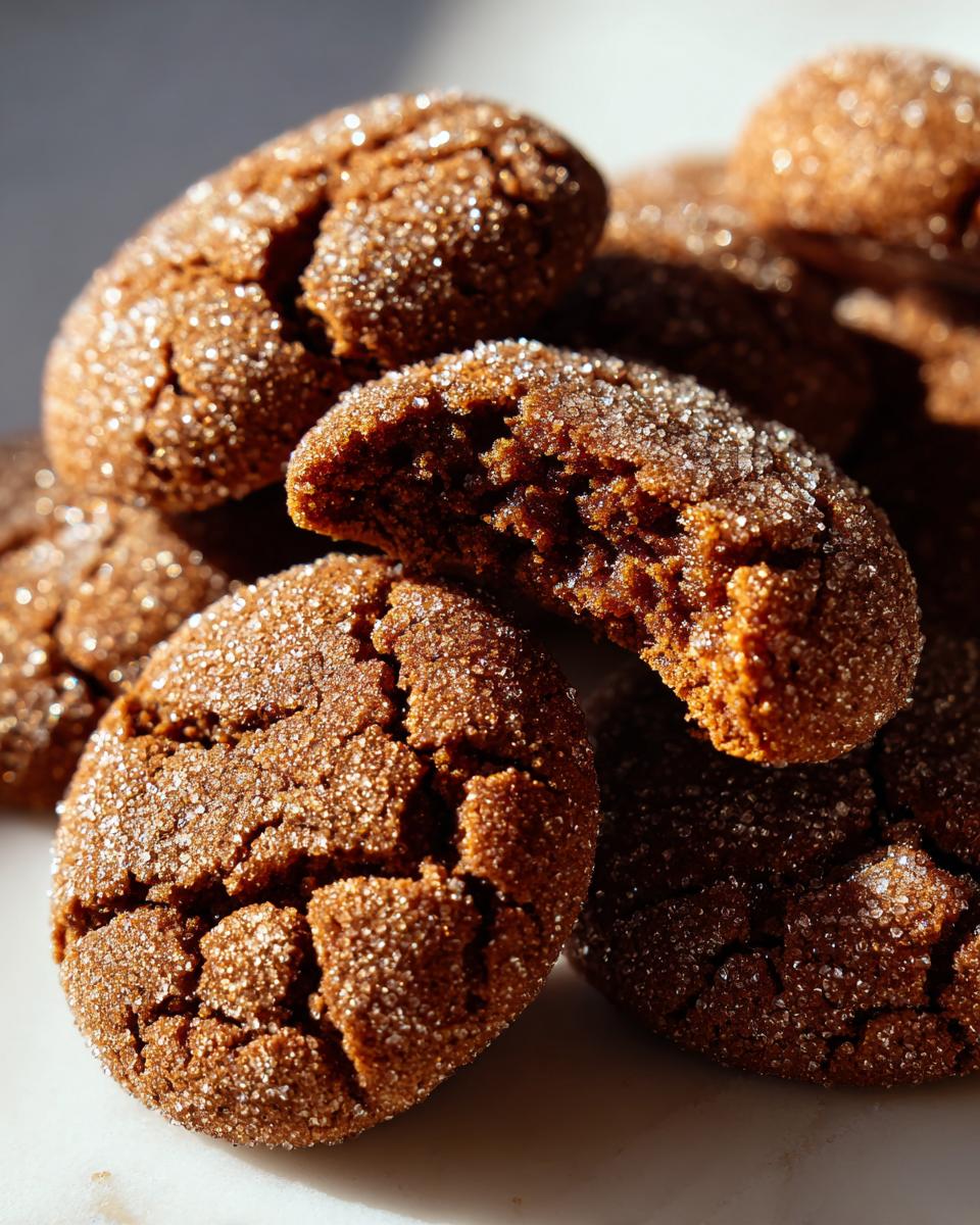A pile of rich, dark molasses cookies coated in sparkling sugar, with one cookie broken open to show the soft interior.