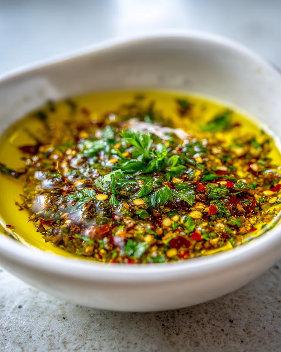 Close-up of a white bowl filled with bright yellow olive oil bread dip, topped with fresh parsley and red pepper flakes.