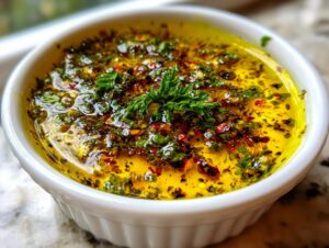 Close-up of a white ramekin filled with vibrant yellow olive oil bread dip seasoned with herbs and red pepper flakes.