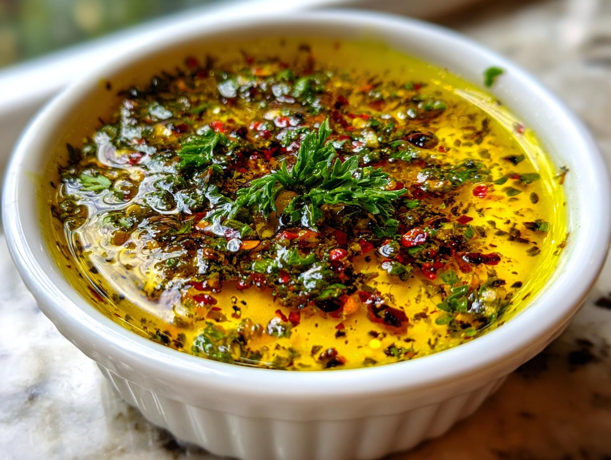 Close-up of a white ramekin filled with vibrant yellow olive oil bread dip seasoned with herbs and red pepper flakes.