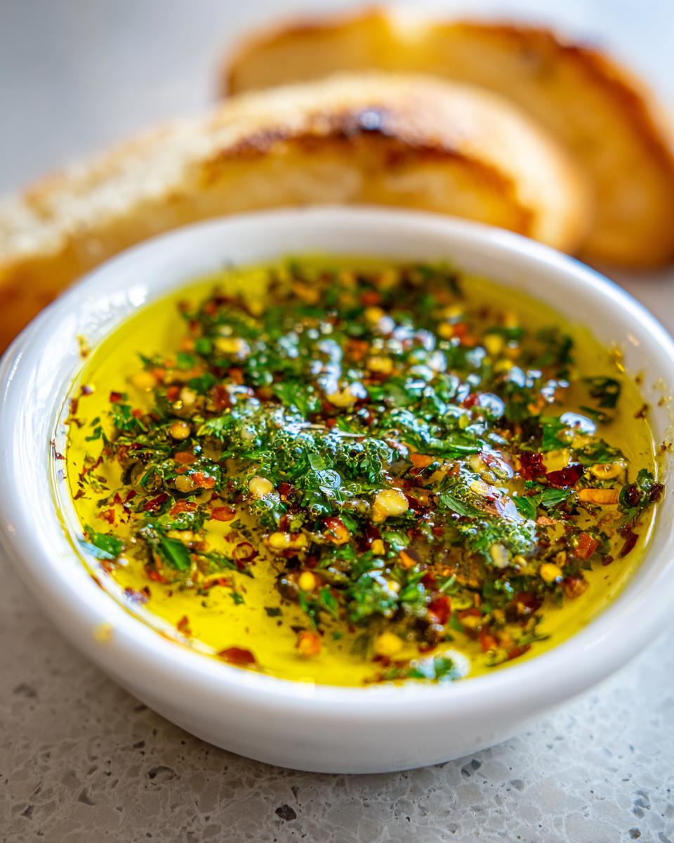 Close-up of a white bowl filled with bright yellow olive oil bread dip, seasoned with green herbs and red pepper flakes.
