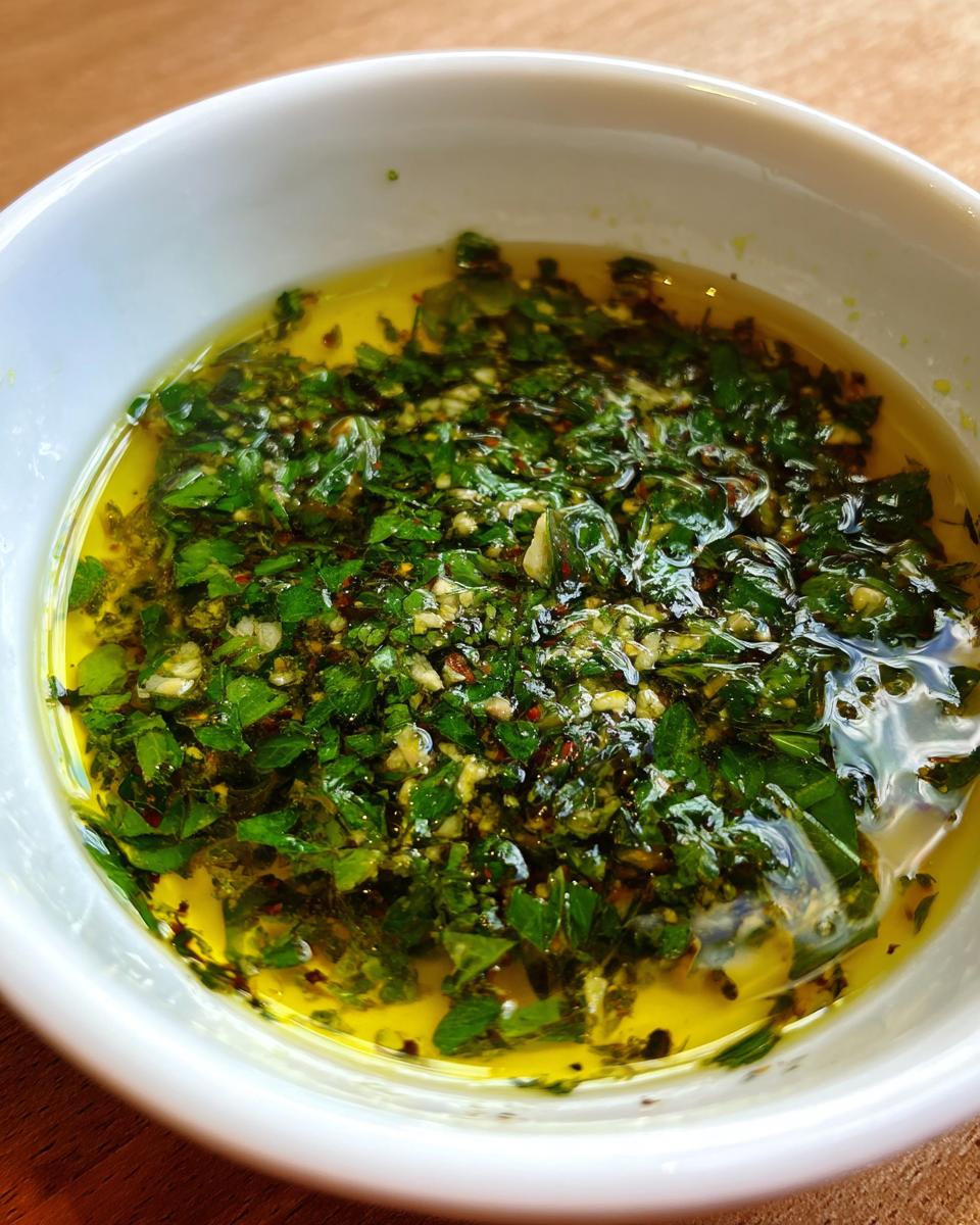 Close-up of a vibrant olive oil bread dipping sauce mixed with fresh green herbs and minced garlic.