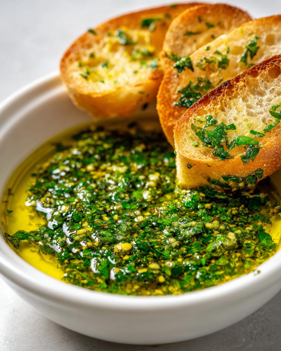 Close-up of crusty bread dipping into a vibrant olive oil bread dipping sauce seasoned with herbs and garlic.