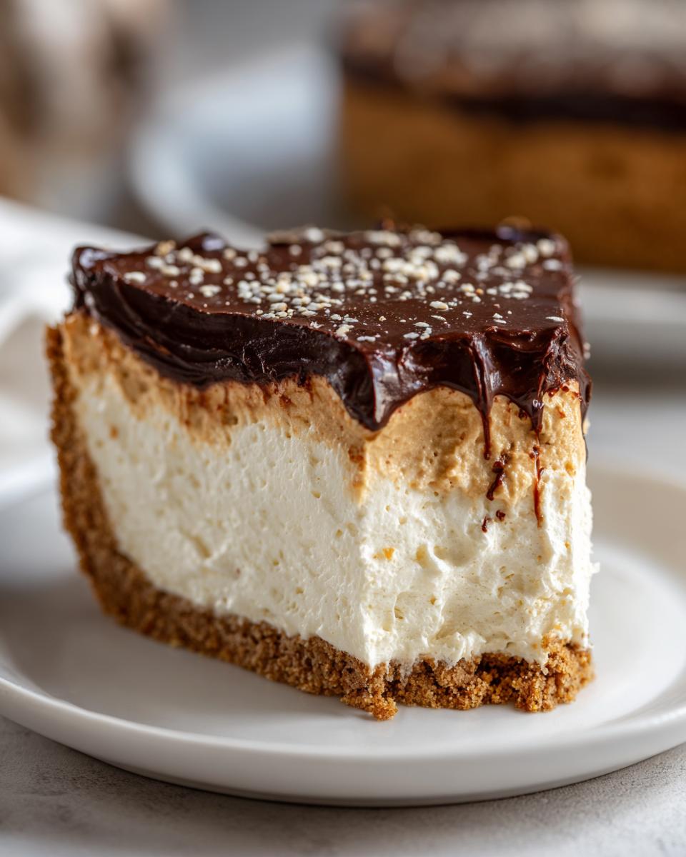 A close-up slice of no-bake peanut butter pie with a graham cracker crust, creamy filling, and chocolate ganache topping.