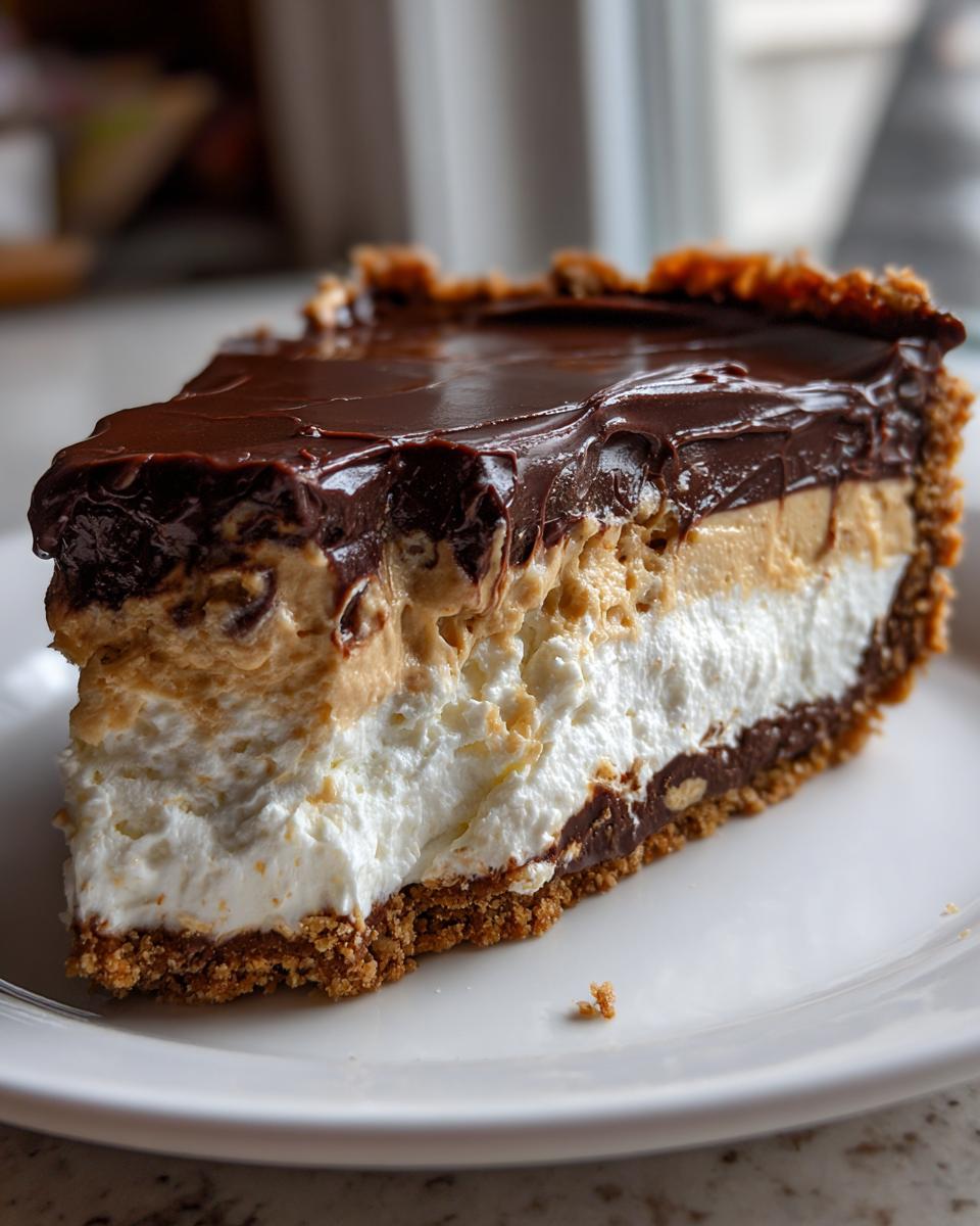 A thick slice of peanut butter pie showing layers: chocolate crust, whipped cream, peanut butter filling, and chocolate ganache topping.