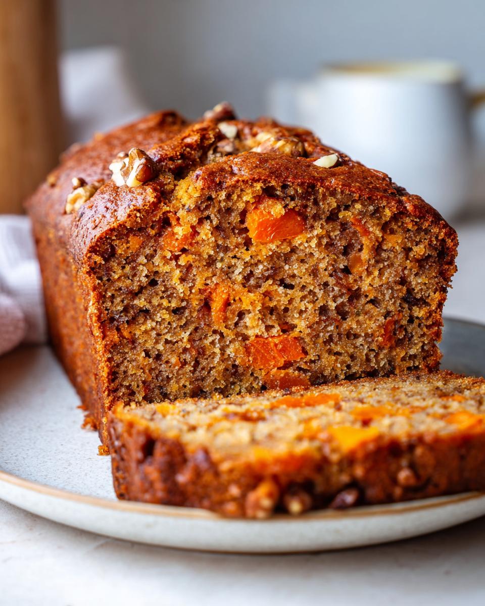 Close-up of a sliced loaf of moist persimmon bread studded with orange fruit pieces and topped with walnuts.