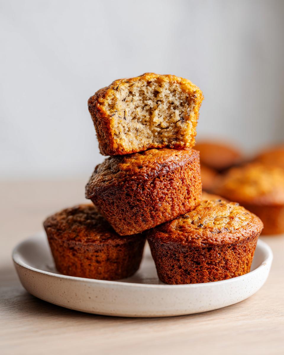 A stack of three golden brown protein muffins, with the top one bitten open to show the moist interior.