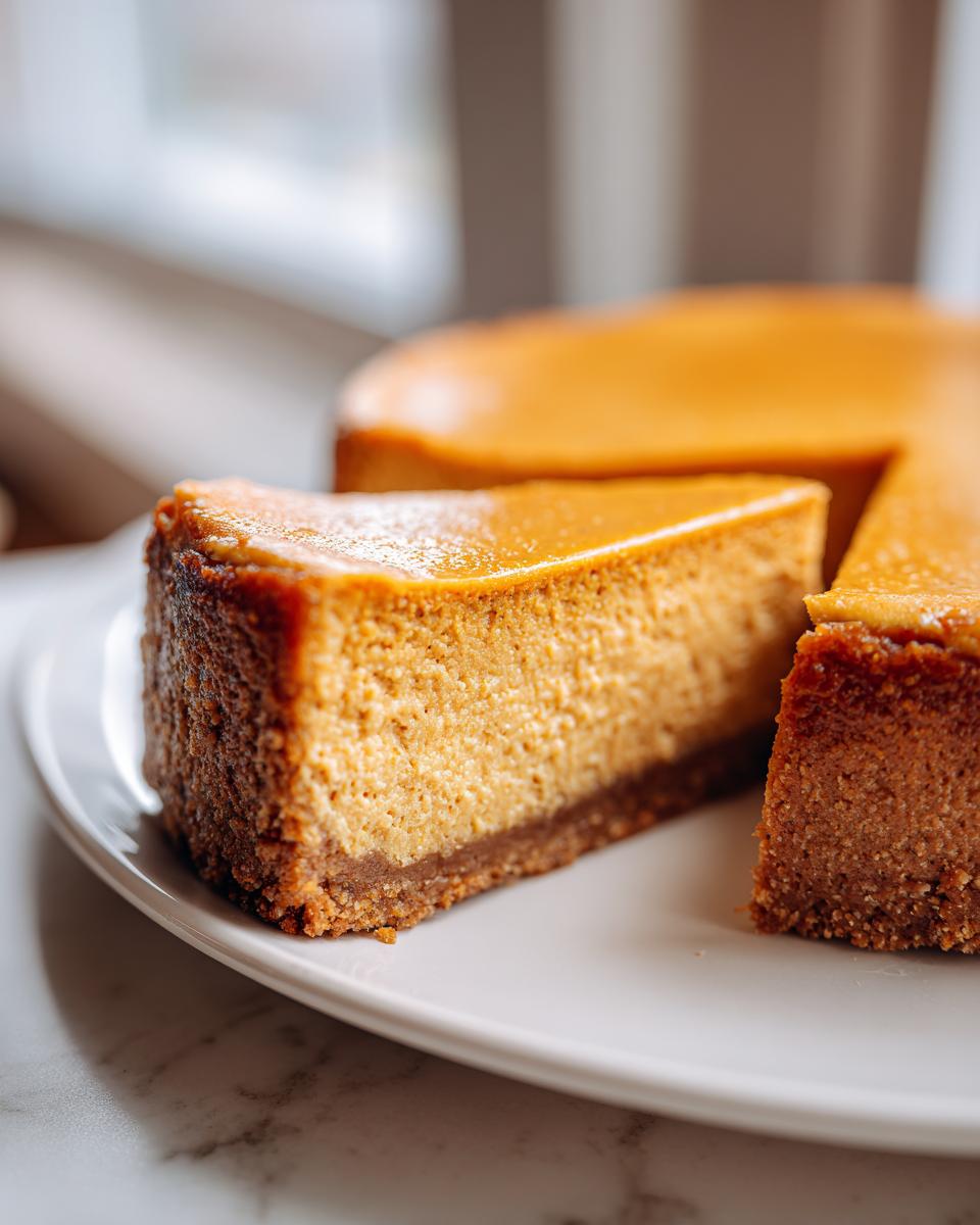 Close-up of a thick slice of amazing pumpkin cheesecake with a graham cracker crust on a white plate.