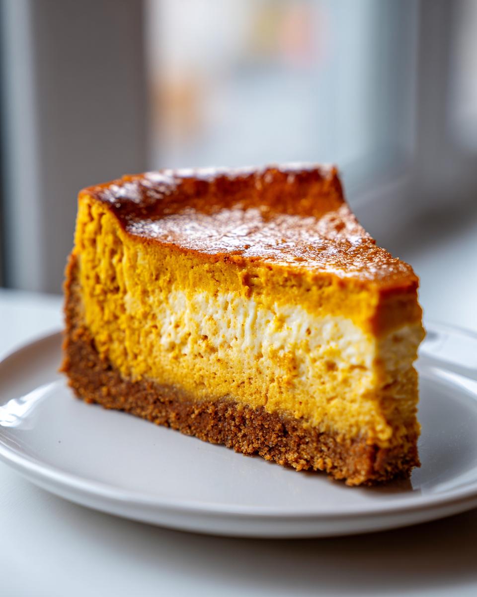 A close-up of a perfect slice of amazing pumpkin cheesecake with a thick graham cracker crust.