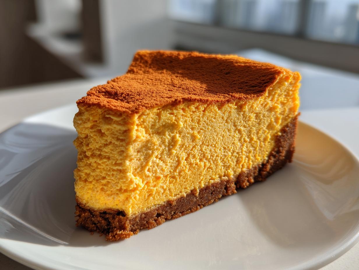 A rich, bright orange slice of pumpkin cheesecake with a dark crust, dusted with cinnamon, sitting on a white plate.