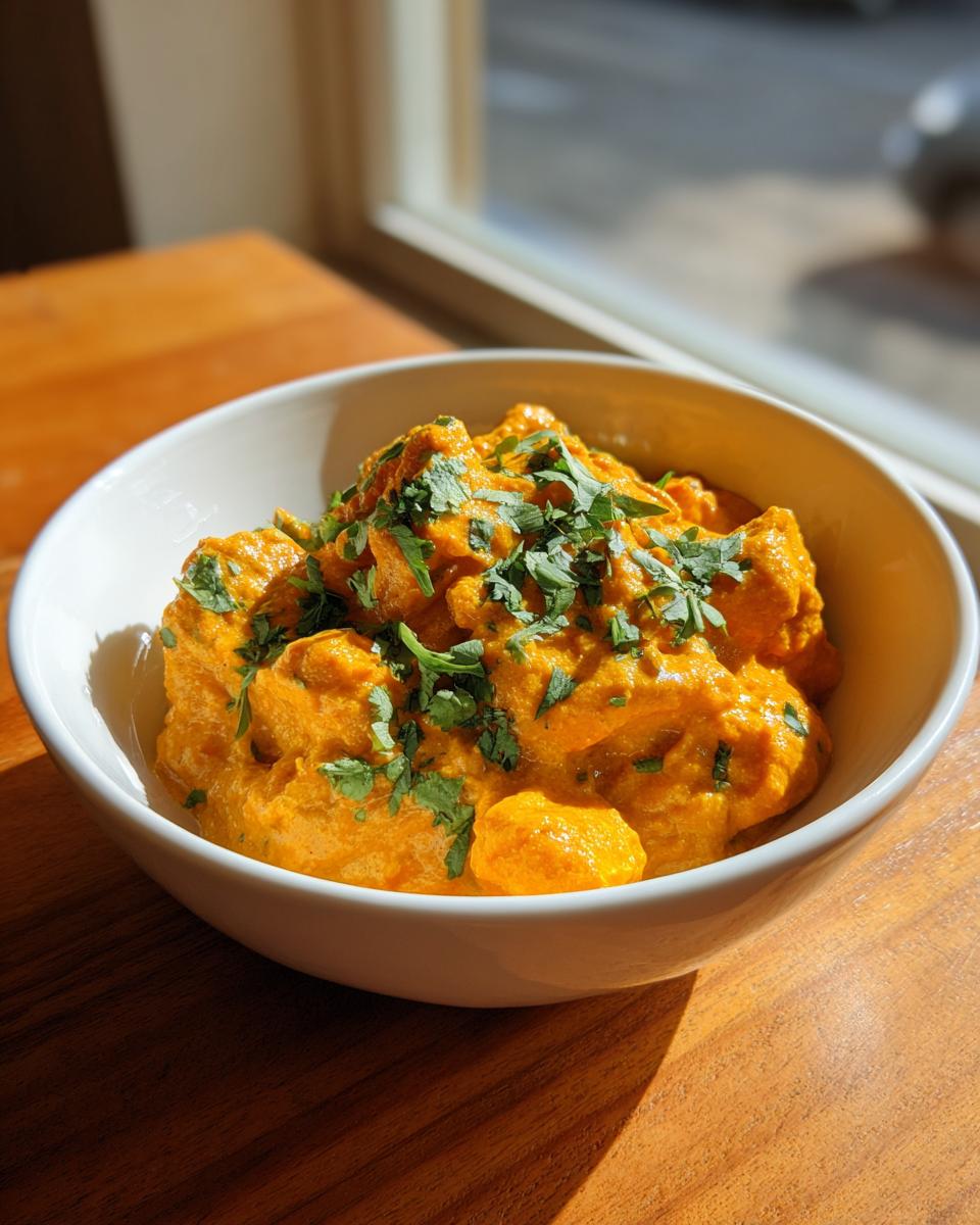 A white bowl filled with bright orange pumpkin curry, garnished generously with fresh chopped cilantro, sitting on a wooden table.