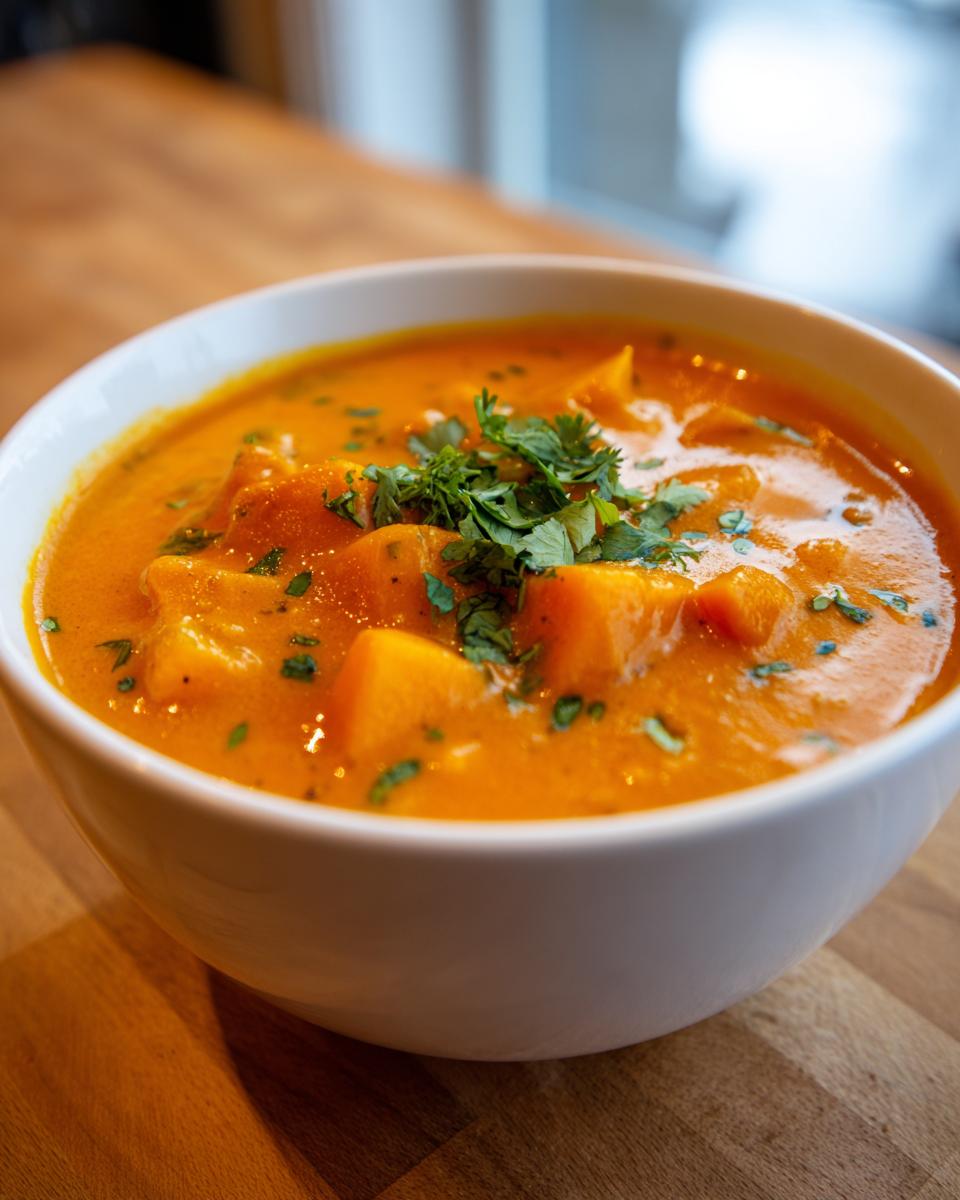 Close-up of a white bowl filled with vibrant orange pumpkin curry, topped with fresh cilantro.