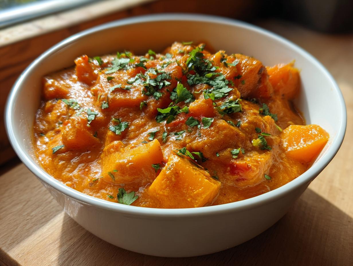 A close-up shot of a white bowl filled with vibrant orange pumpkin curry, garnished with fresh cilantro.