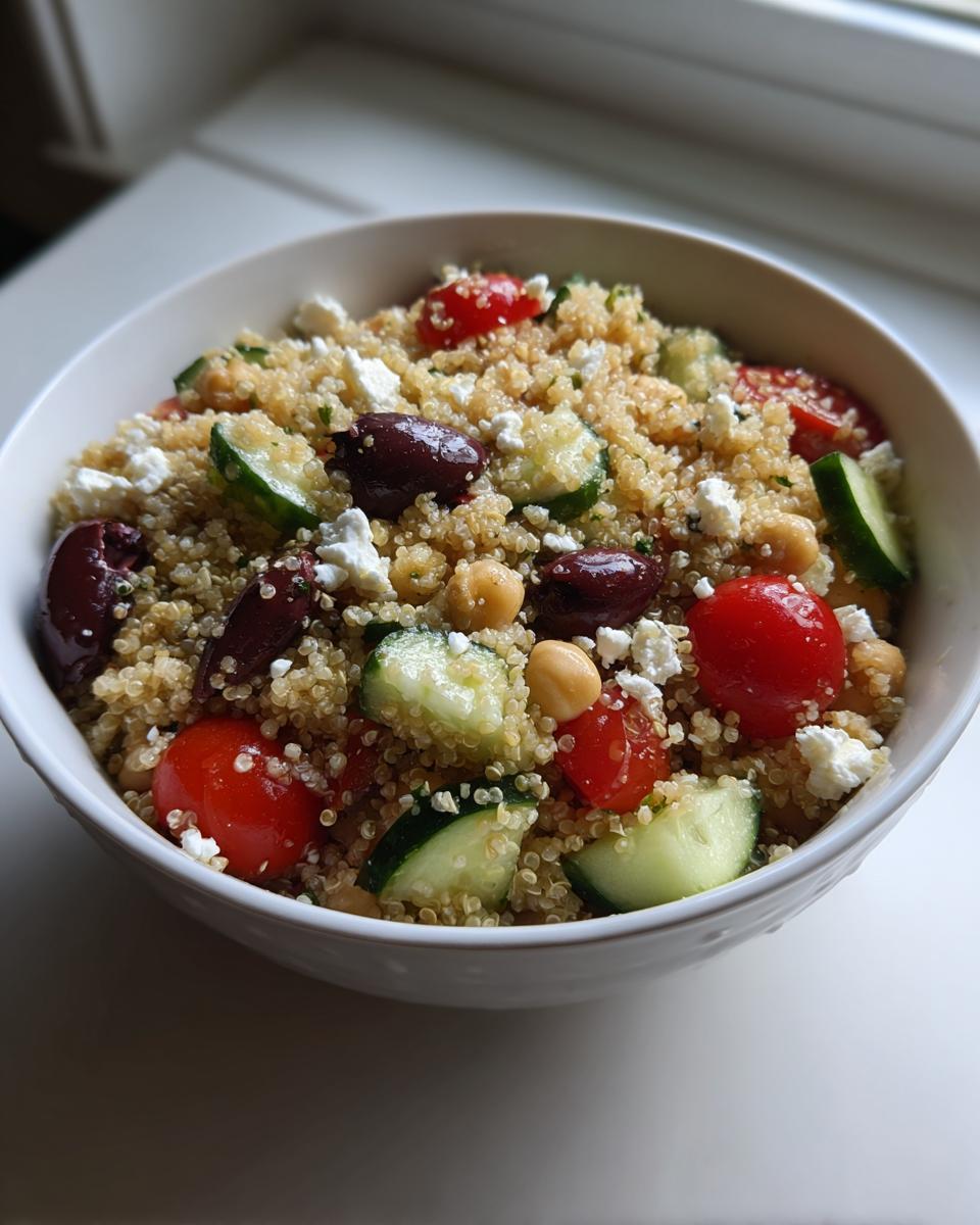 Close-up of a vibrant quinoa salad with cucumbers, tomatoes, olives, and feta cheese.
