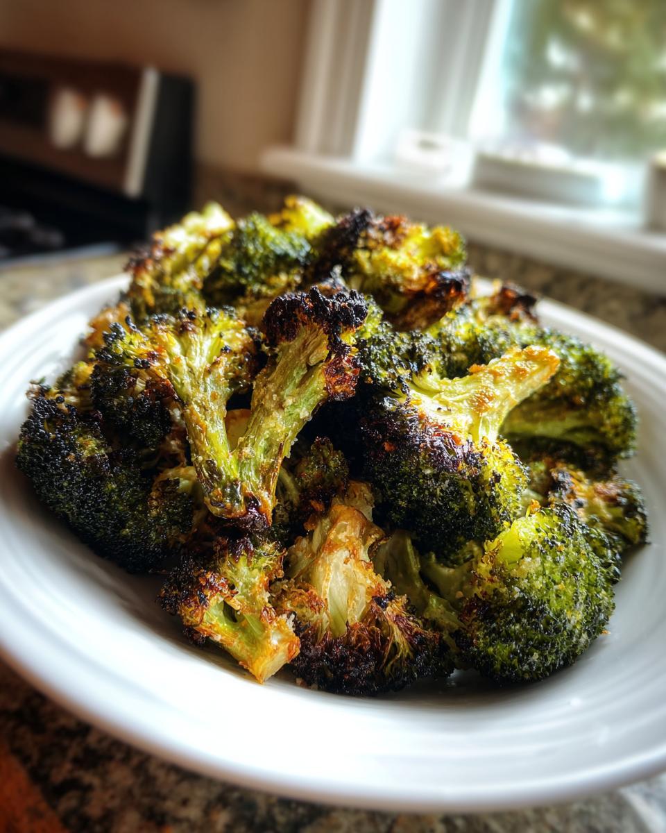 A white bowl filled with crispy, perfectly roasted broccoli showing dark, caramelized edges.