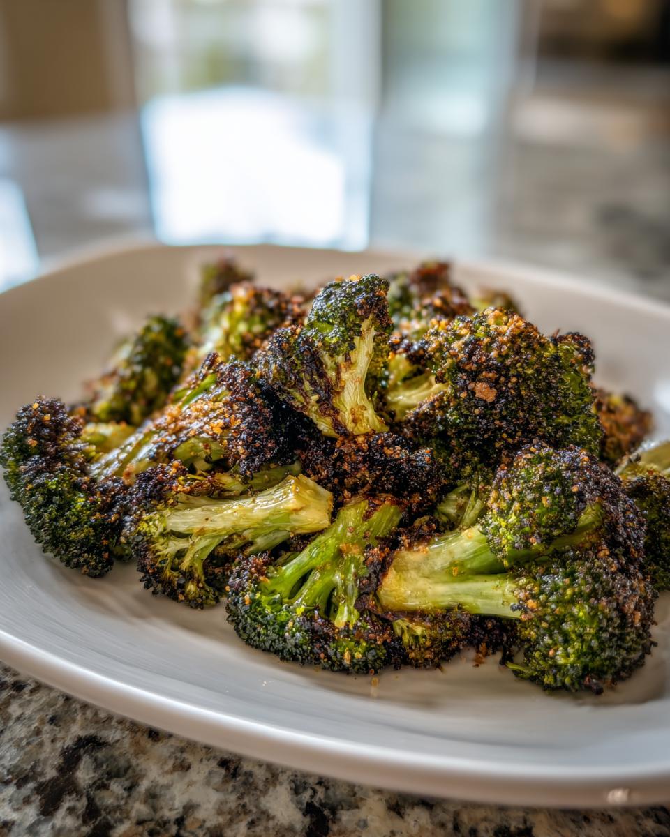 Close-up of perfectly roasted broccoli florets with dark, crispy edges and seasoning on a white plate.